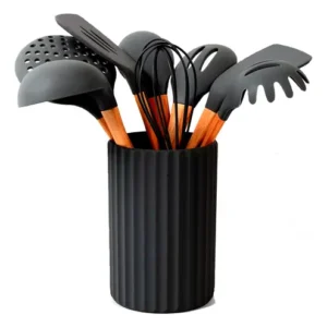 Set 9 Piezas Utensilios Tarro Cocina Carol Silicona y bambú Negro